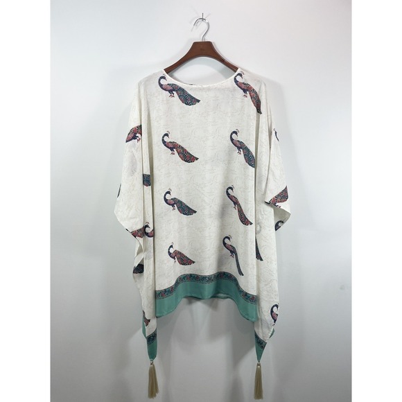 Roller Rabbit Sweaters - Roller Rabbit Poncho Cover Up 100% Silk Peacock Print Tassels Beige Teal